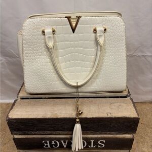 Grossi Cream Croc Embossed Satchel Gold V Accent Faux Leather Handbag